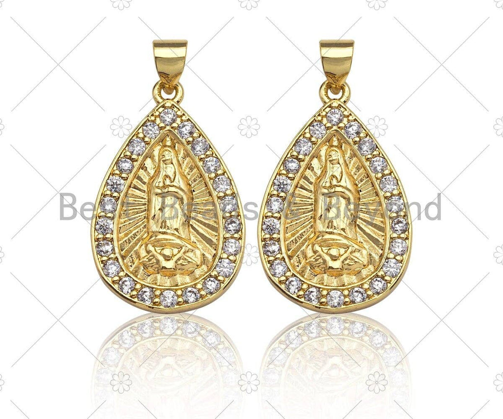 18K Gold Virgin Mary On Teardrop Emblem Shape Pendant,  Sku#F1148C