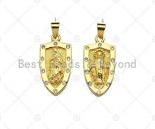 Load image into Gallery viewer, CZ Micro Pave Embossed Jesus/Virgin Mary On Shield Shape Pendant, 18K Gold Religion Charm, Necklace Bracelet Charm Pendant,12x24mm,Sku#LK308