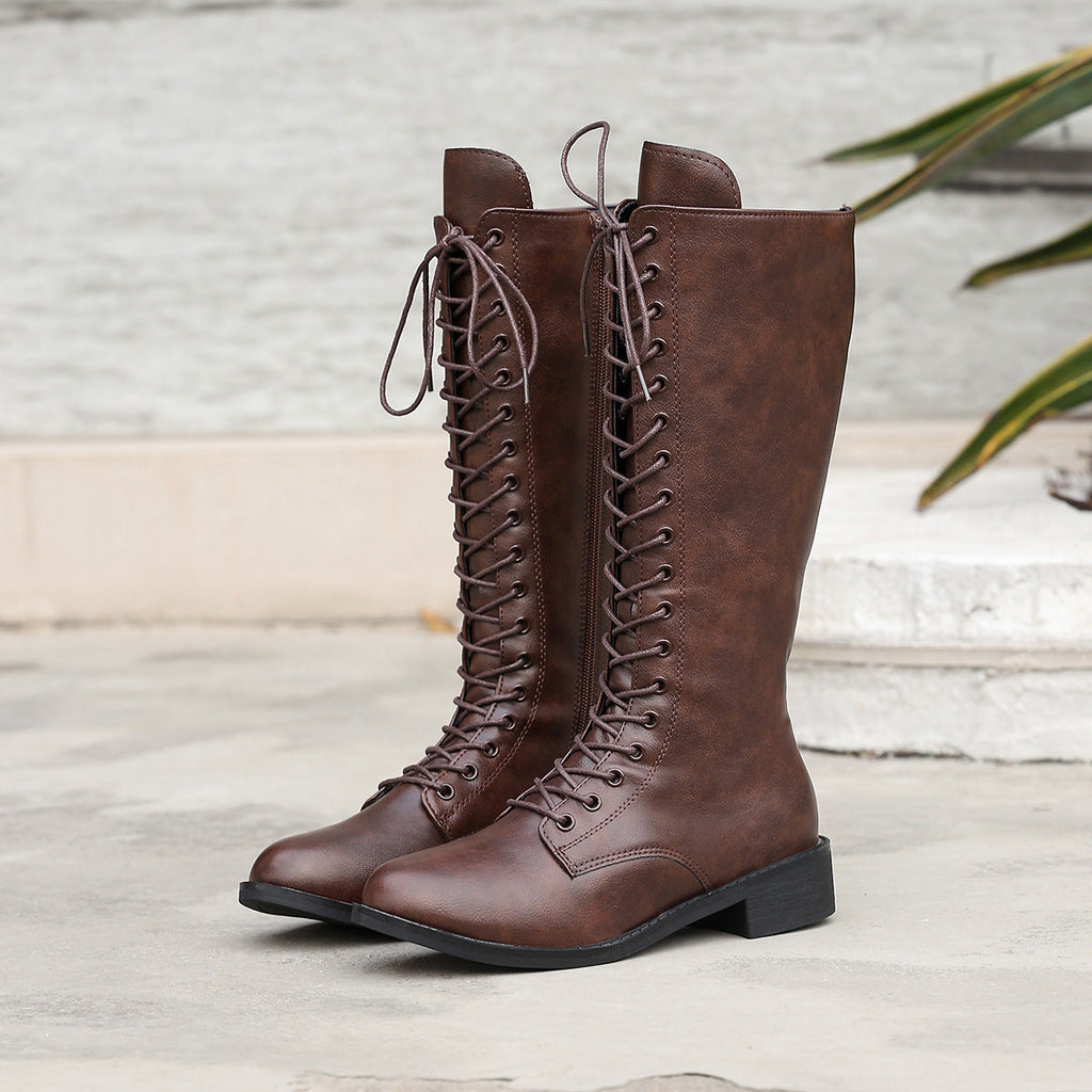 Women's Knee-High Lace-Up Boots | Round Toe Mid Heel PU Leather Boots in Black & Brown
