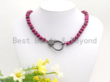 Load image into Gallery viewer, PINK Tiger eye Attachment Necklace with Large CZ Pave Gunmetal clasp, 16/18 long, sku#D40