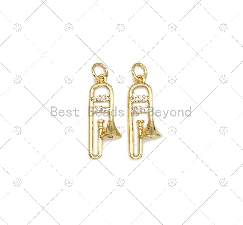 CZ Micro Pave Trumpet Shape Pendant, 18K Gold Filled Musical Instrument Charm, Necklace Bracelet Charm Pendant,9x23mm,Sku#F1441
