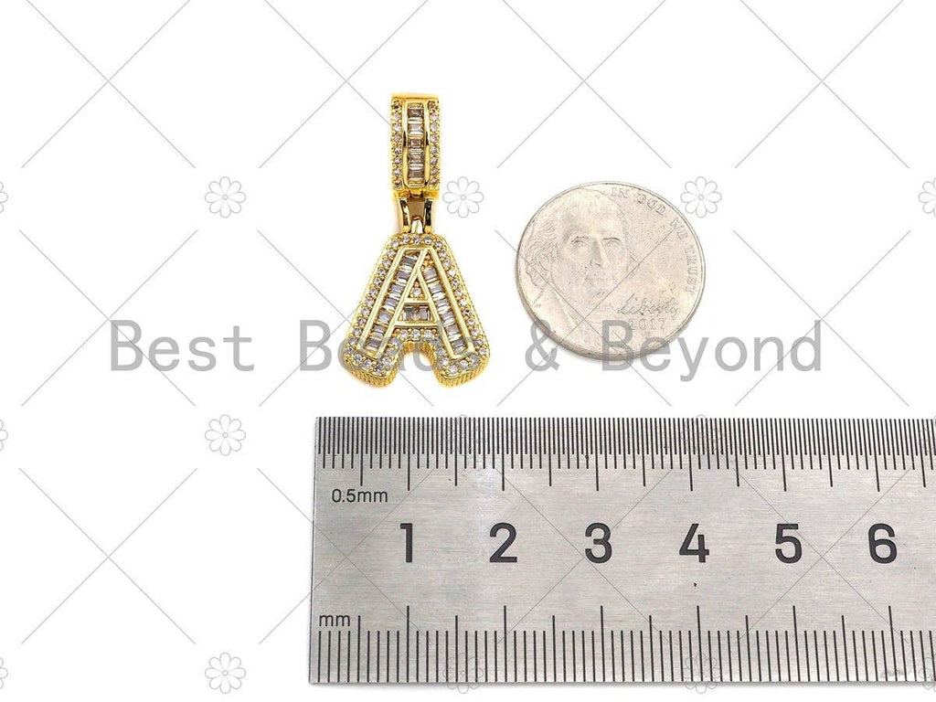 18K Gold Baguette CZ Initial Letter Pendant, A -Z Alphabet Letter, Large Hole Personalized name Charm for Jewelry Making, 16x33mm,sku#LD76