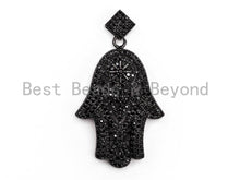 Load image into Gallery viewer, Black CZ Pave On Black Micro Pave Hamsa Hand with Flat Square Bail Pendant, 26x39mm, sku#F378