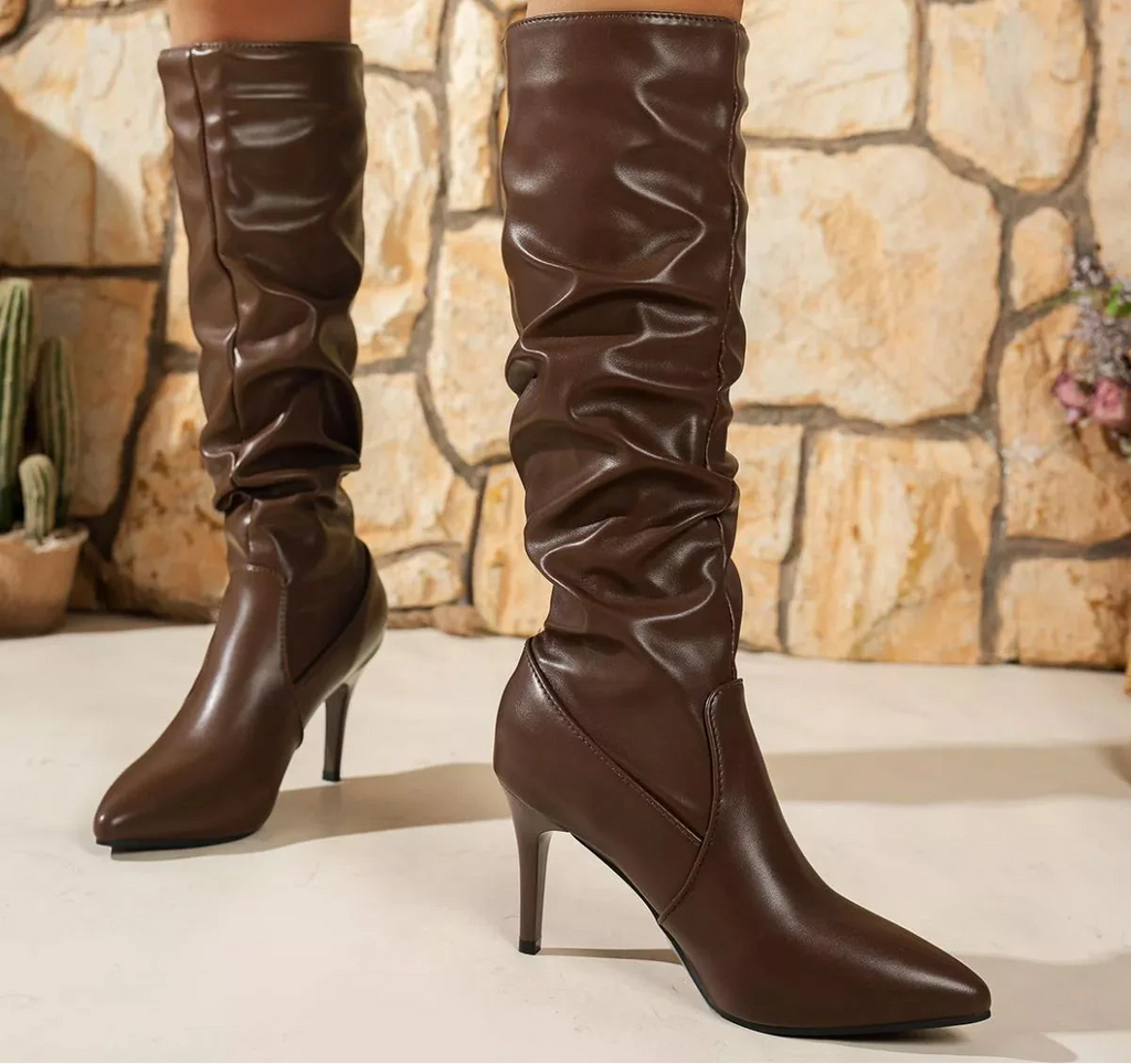 Women's Pointed-Toe Stiletto Heel Knee-High Boots – PU Leather Stiletto