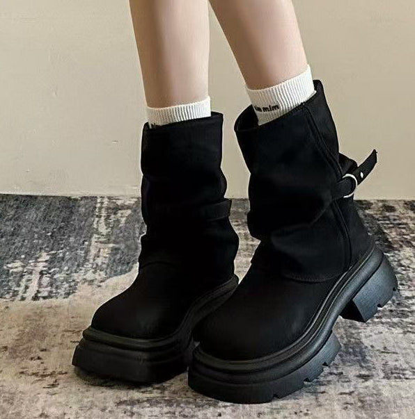 Women's Retro Round Toe Chunky Heel Combat Boots - Waterproof Non-Slip Platform Ankle Boots