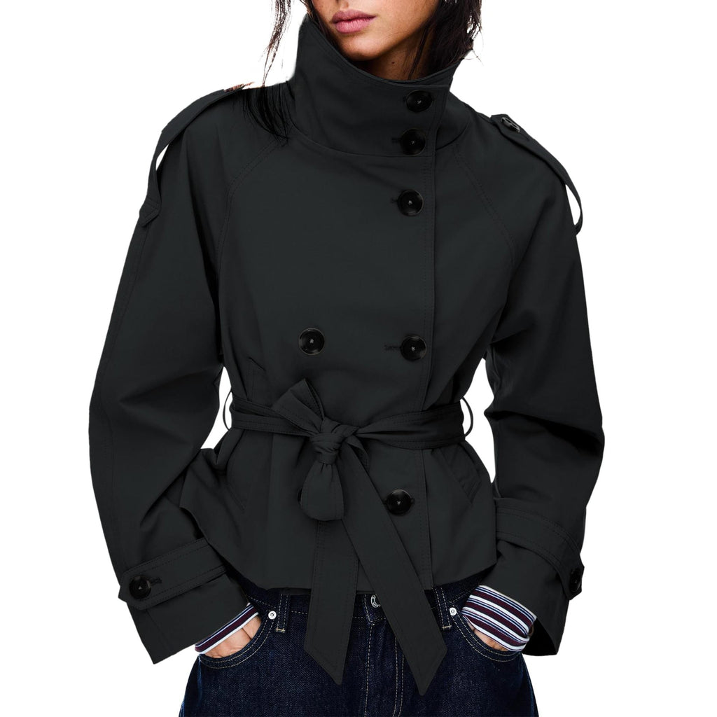 Womens Buttoned Waist-Cinching Lace-Up Trench Coat