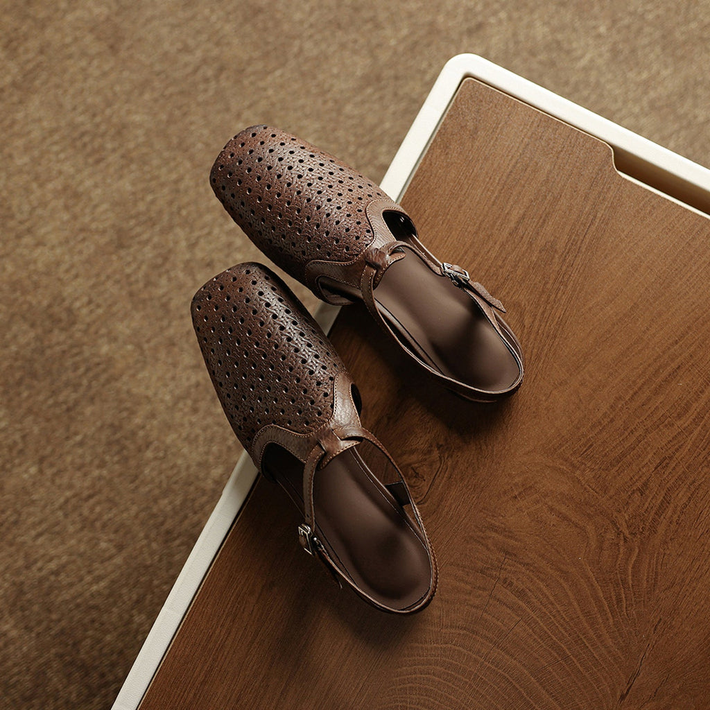 Women's Perforated Leather Slingback Sandals | T-Strap Closed-Toe Flat Shoes