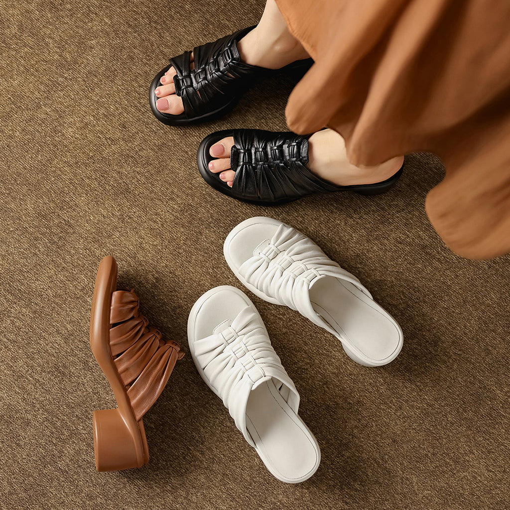 Women's Ruched Slide Sandals | Genuine Lambskin Block Heel Open-Toe Mules