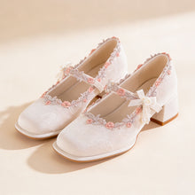 Load image into Gallery viewer, Women's Oriental Jacquard Satin Mary Jane Heels | Embroidered Lace Pearl Square Toe