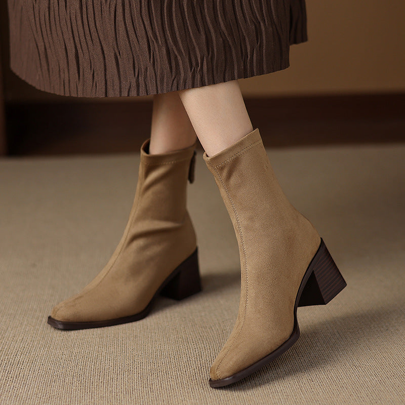 Women's Suede Square Toe Chunky Heel Boots