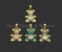 Load image into Gallery viewer, CZ Micro Pave Colorful Heart On Teddy Bear Pendant/Charm, Colorful Cubic Zirconia Charm, Necklace Bracelet Charm Pendant,20x15mm, Sku#LK216