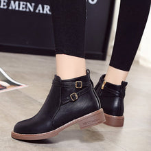 Load image into Gallery viewer, Women's Low Heel Buckle Ankle Boots – PU Leather Side Zipper Round Toe Winter Boots