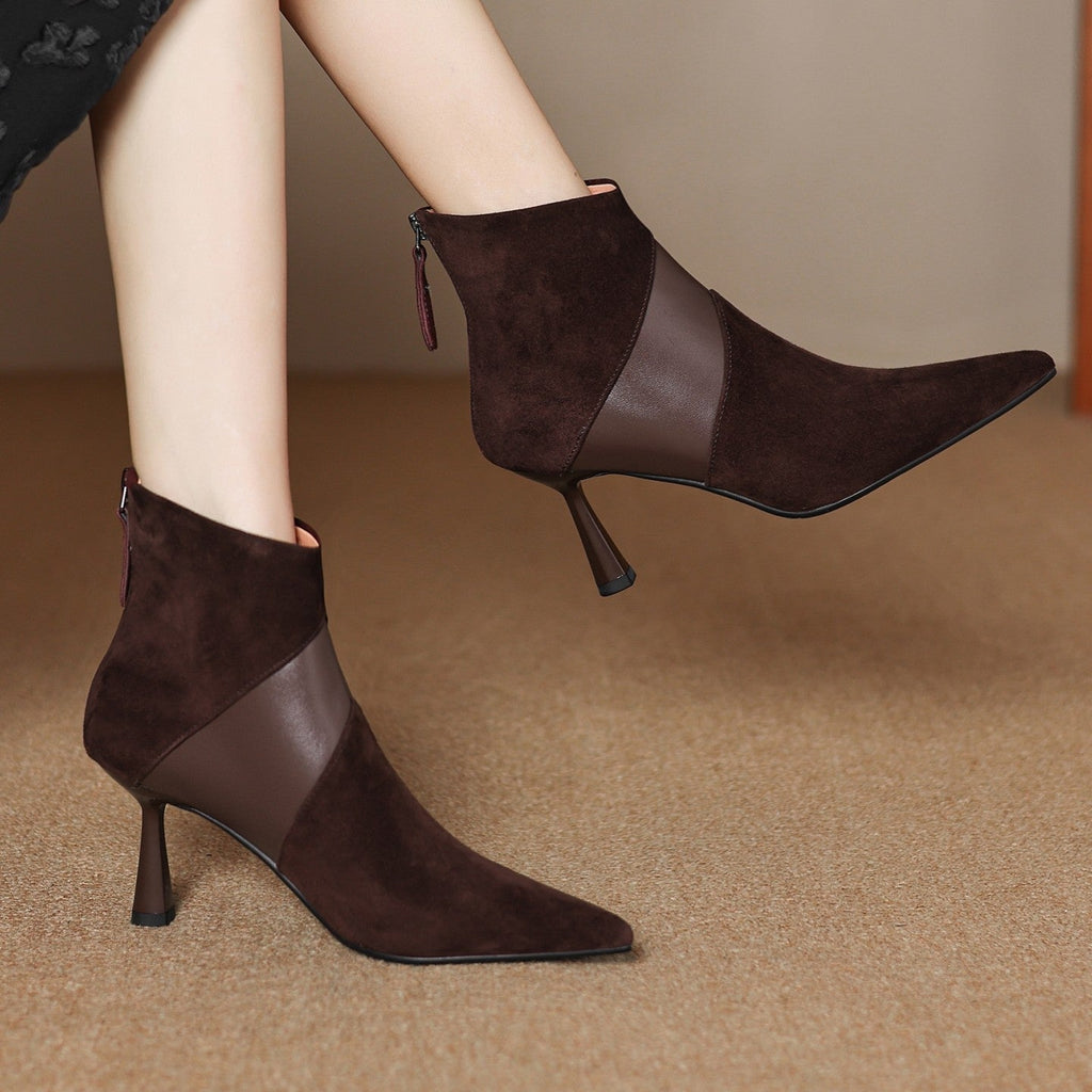 Women's Spliced Short Martin Boots – Suede Stiletto Heel Ankle Boots with Back Zipper