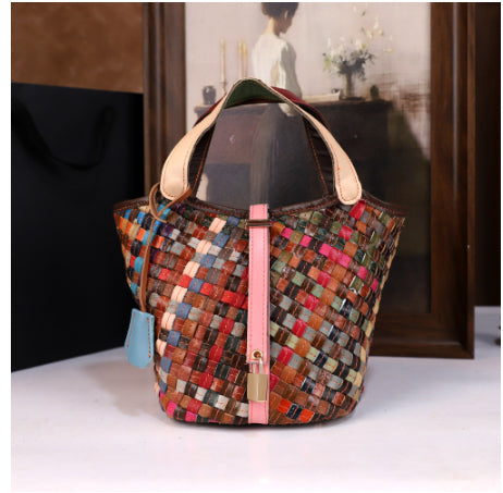 Genuine Leather Crossbody Bucket Bag for Women - Minimalist Woven Bucket Bag with Adjustable Strap