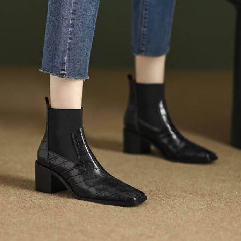 Women's Chunky Heel Square Toe Cowhide Leather Pumps | Minimalist Luxury Heels