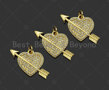 Load image into Gallery viewer, CZ Micro Pave Cupid Arrow On Heart Shape Pendant,Cubic Zirconia Dainty Gold Charm, Necklace Bracelet Charm Pendant,25x18mm, Sku#LK271