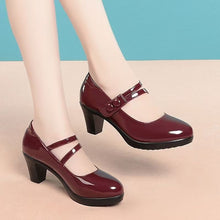 Load image into Gallery viewer, Women's Professional Leather Pumps - Round Toe Chunky Heel Velcro Strap Shoes