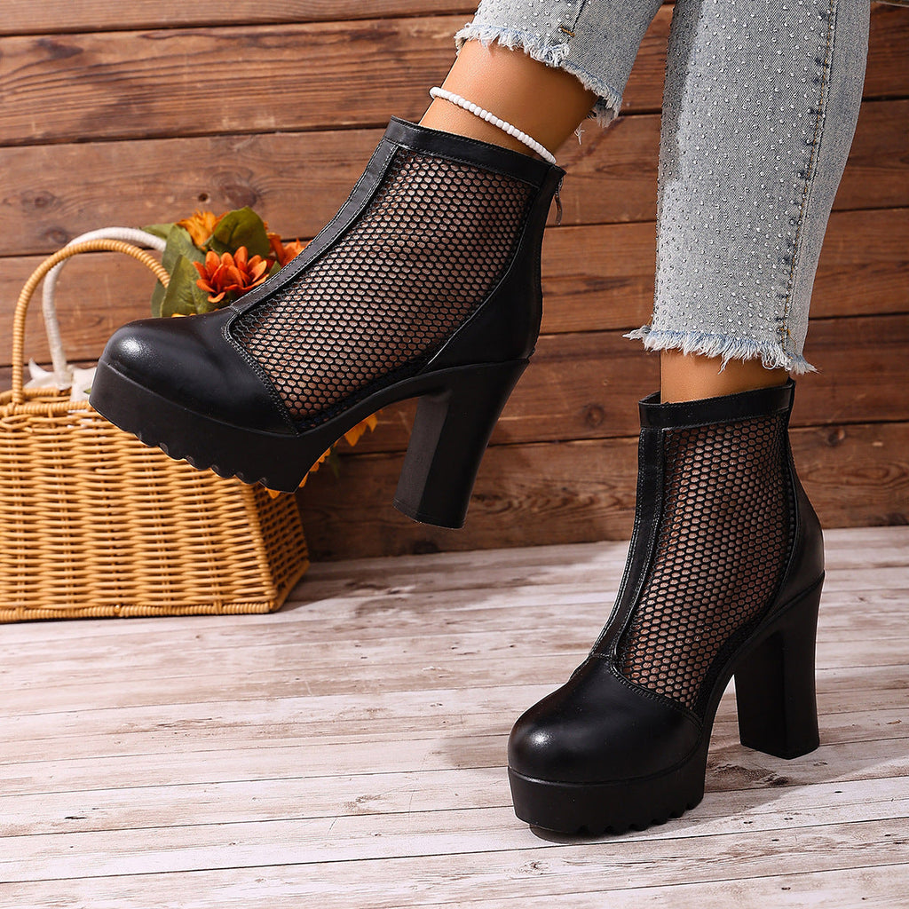 Women's Mesh Chunky Heel Ankle Boots – Back Zip High Heel Fashion Boots
