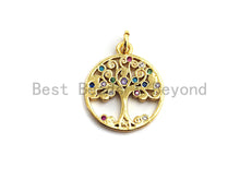Load image into Gallery viewer, CZ Colorful Micro Pave Round With Tree Pendant, Tree Pave Pendant/Charm, Gold plated, 14x16mm, Sku#F759