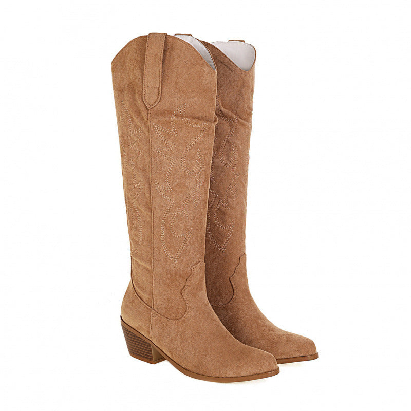 Women's Western Cowboy Embroidered High-Heel Boots – Chunky Heel Slip-On