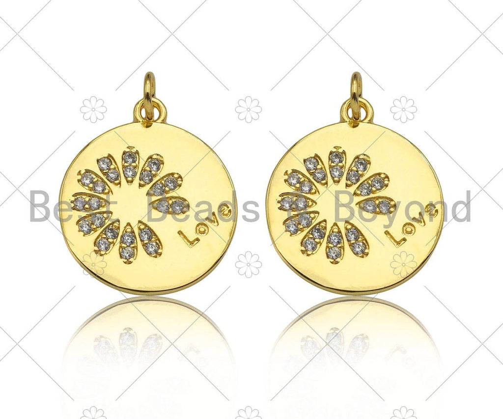 Gold Filled CZ Micro Pave Daisy Flower On Coin Shape Pendant,18K Gold Filled Lover Word Charm, Necklace Bracelet Charm,18x20mm,Sku#LK339