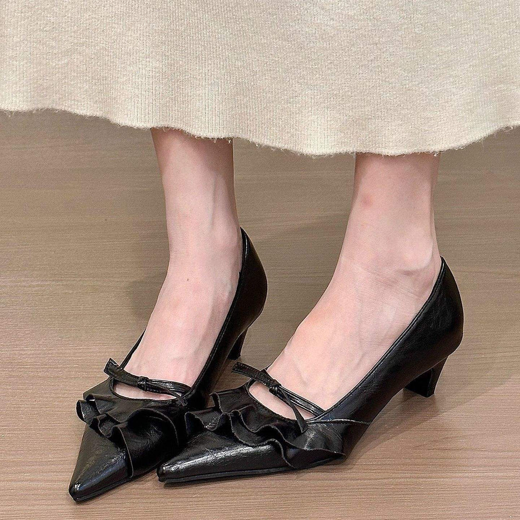 Women's French-Style Stiletto Heels with Ruffled Hem & Bow Tie - Open Toe Low Heel Loafers