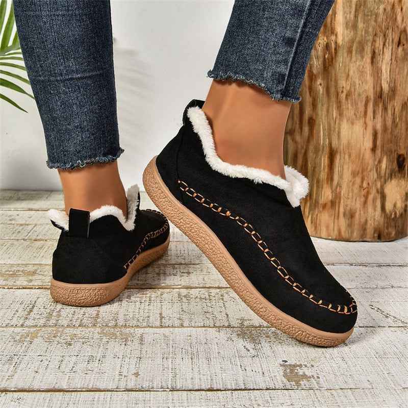 Women's V-Cut Plush Ankle Boots | Winter Warm Flat Snow Boots | Suede Faux Fur Lined