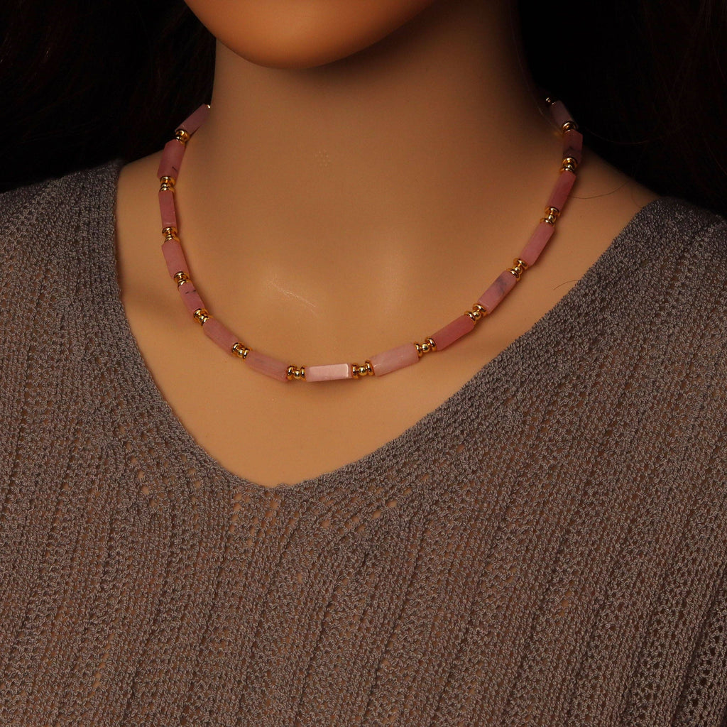 4mm Pink Gemstone Necklace with Gold filled Spacer, EF551