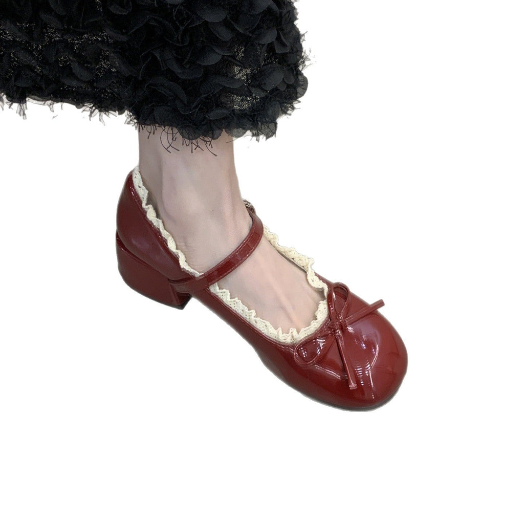 Women's French Lace Bow Mary Jane Shoes | Mid Heel Round Toe PU Leather
