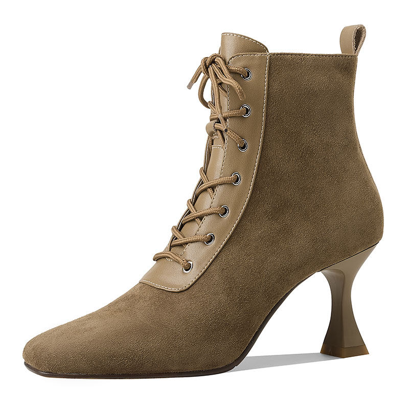 Retro Square-Toe Short Boots Women's Stiletto Heel PU Leather – Brown & Apricot