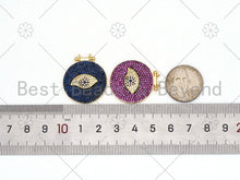 Load image into Gallery viewer, Colorful CZ Micro Pave Evil Eye On Round Coin Shape Pendant, 18K Gold Filled Evil Eye Charm, Necklace Bracelet Charm, 25x28mm,sku#F1430