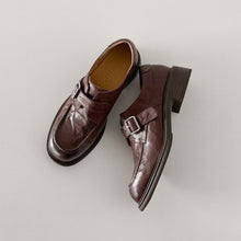 Load image into Gallery viewer, Women's Washed Leather Monk Strap Loafers | Handmade Buckle Low Block Heel Shoes