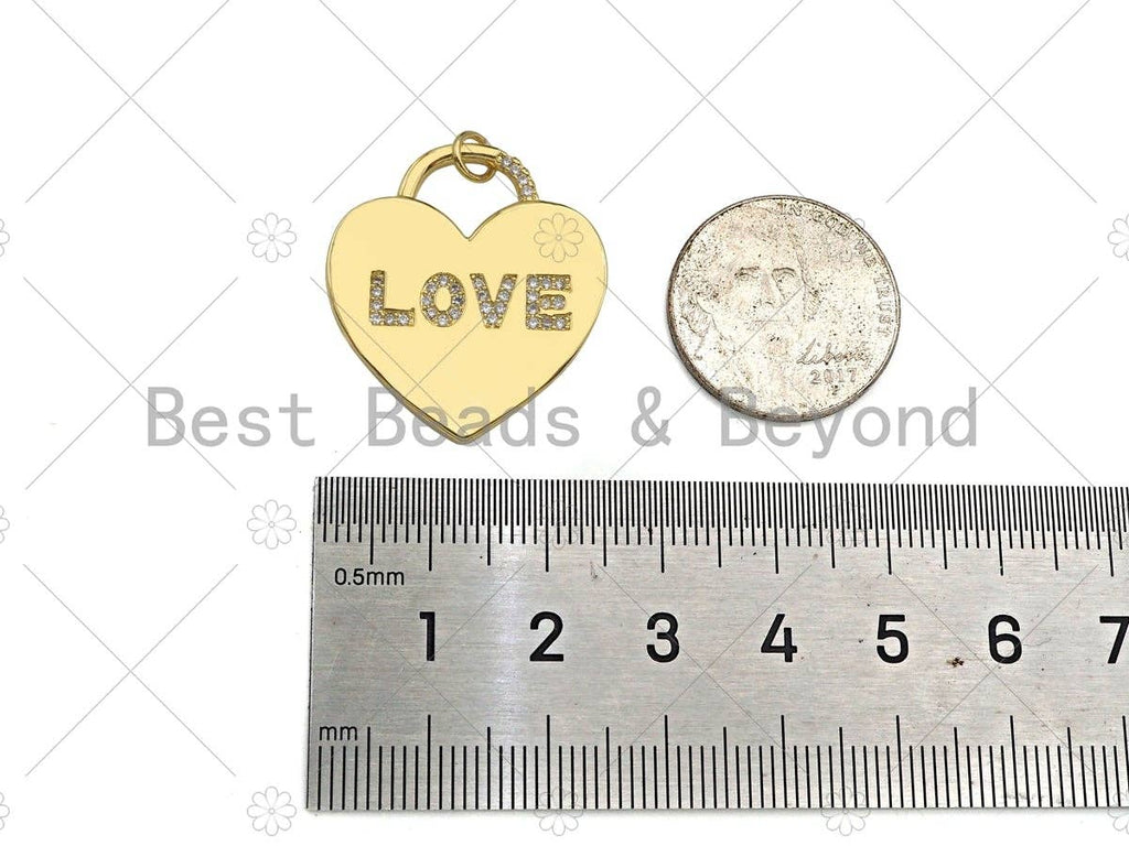 CZ Micro Pave Love Word On Heart Lock Shape Pendant/Charm, 18K Gold Filled Heart Charm, Necklace Bracelet Charm Pendant,25x28mm,Sku#LD104