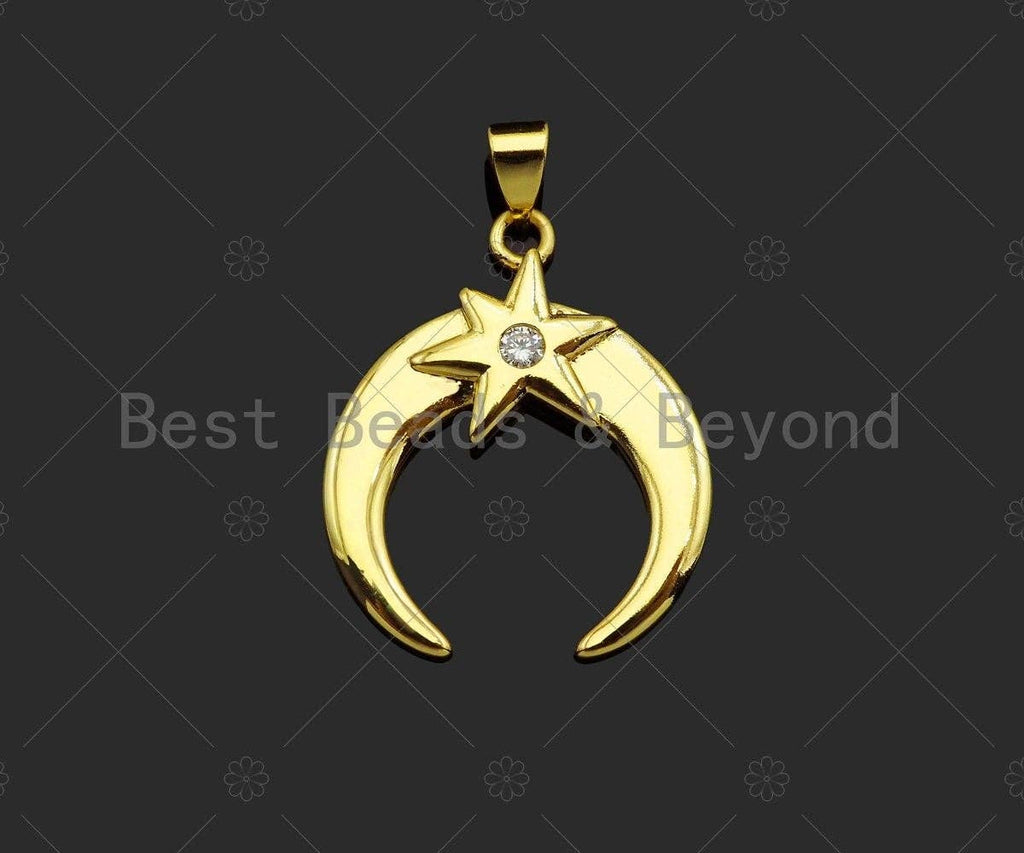 CZ Micro Pave 18k Gold North Star On Horn Shape Pendant, Cubic Zirconia Pendant, Horn Charm, CZ Micro Pave Pendant,21x25mm,Sku#LK213