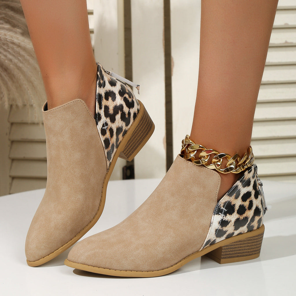 Women's Leopard Print Chunky Heel Boots | Pointed Toe Back Zipper Suede