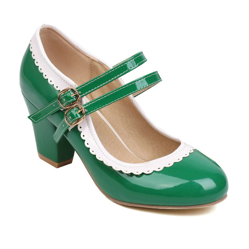 Women's Patent Leather Chunky Heel Mules – Candy Color Round Toe Buckle High Heels