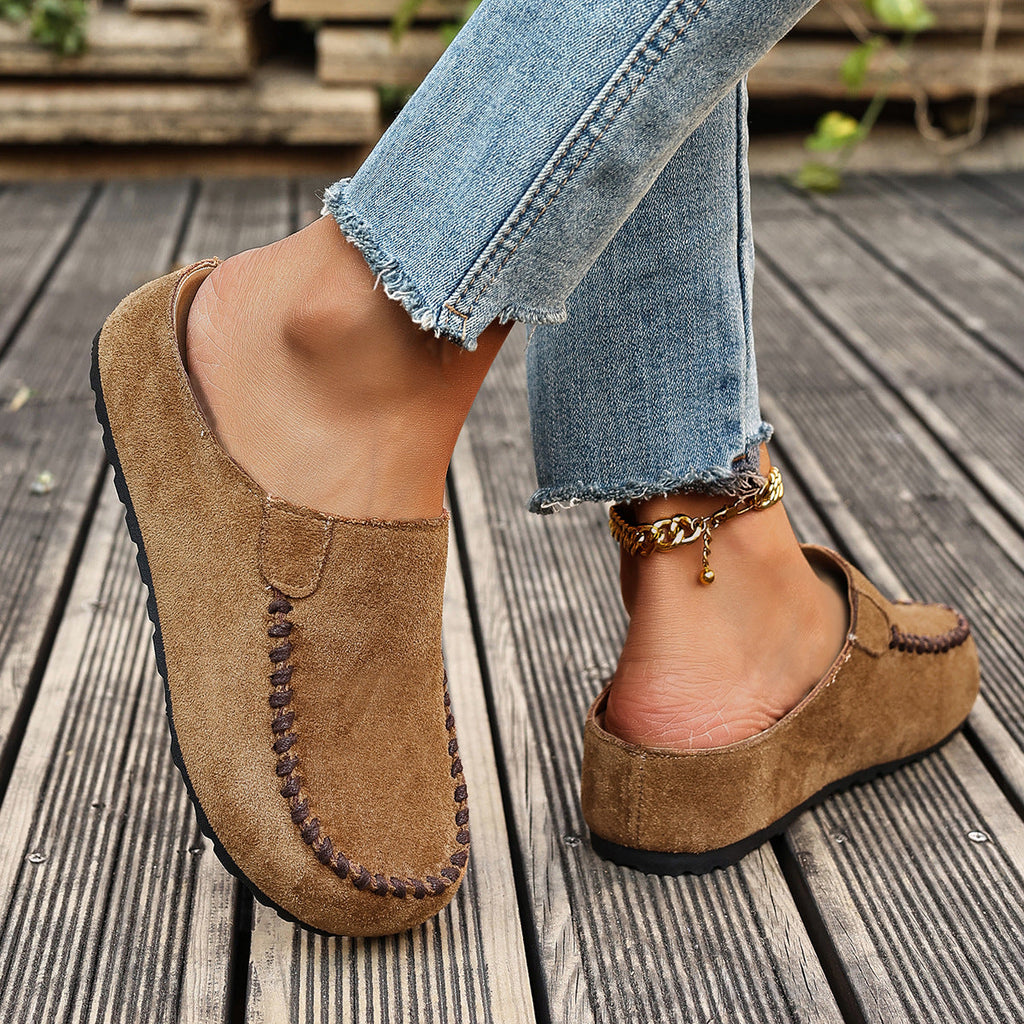 Women's Outdoor Closed-Toe Suede Half-Slipper | Thick PU Sole | Slip-On Vintage Style