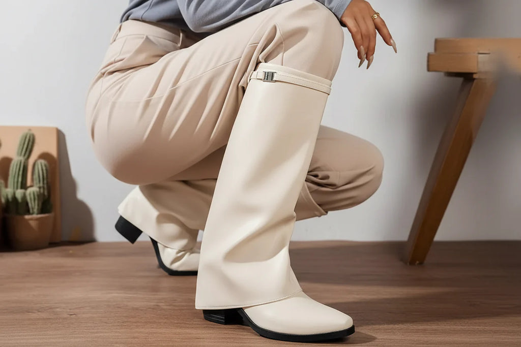 Women's Knee-High Block Heel Boots | Stable Block Heel | PU Leather | Black & Beige