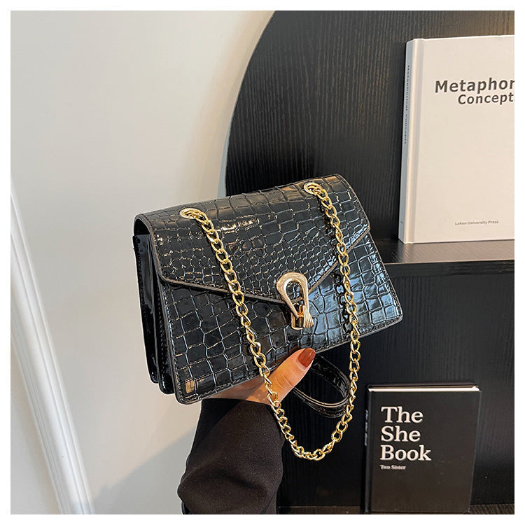 Crocodile-Print Chain Crossbody Bag