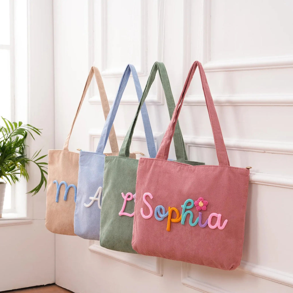 Women's Corduroy Handbag - Minimalist Casual Shoulder Bag with Embroidery