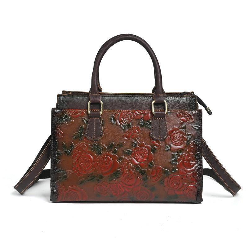 Women's Genuine Leather Shoulder Bag – Embossed Full-Grain Cowhide Handbag