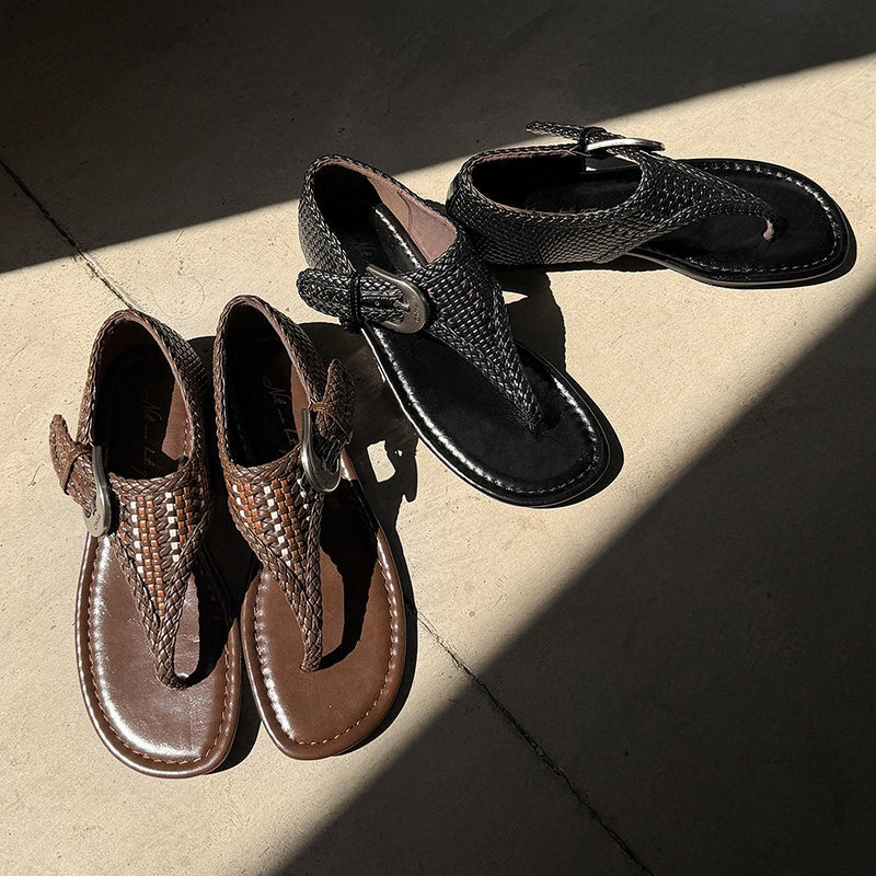 Women's Handwoven Cowhide Thong Sandals | Full-Grain Leather Ankle Buckle Flat Shoes