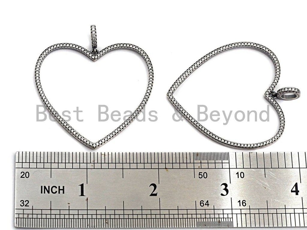 Rhidium CZ Micro Pave Large Hollow out Heart Pendant, Oxidized Silver Pave Pendant, Antique Silver Fashion Jewelry Findings, 43mm, sku#X118