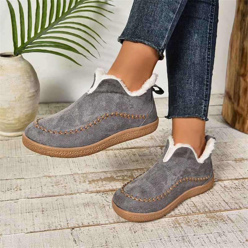 Women's V-Cut Plush Ankle Boots | Winter Warm Flat Snow Boots | Suede Faux Fur Lined