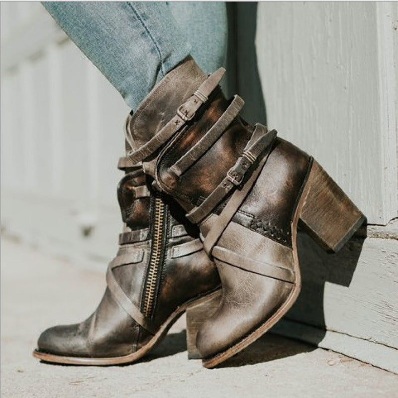 Women's Retro Chunky Heel Ankle Boots – Side Zipper & Buckle Detail