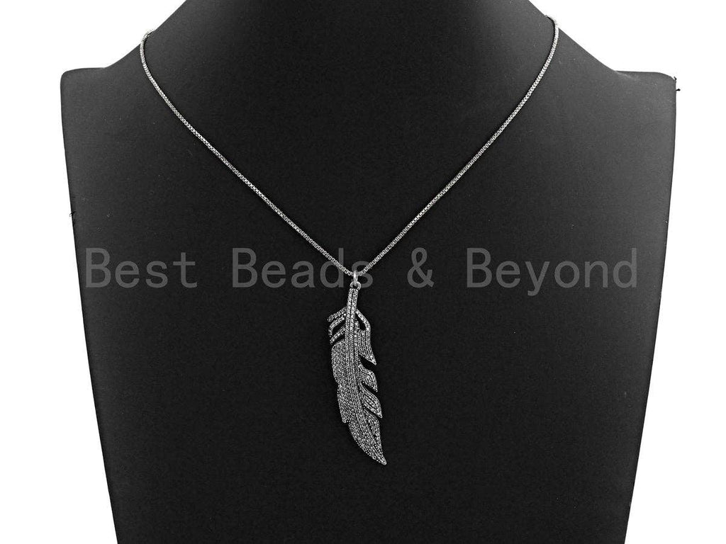 CZ Micro Pave Feather Pendant, Antique Silver Tone, Clear Cubic Zirconia Big Pave Feather Charm Pendant, 14x58mm,sku#F1011
