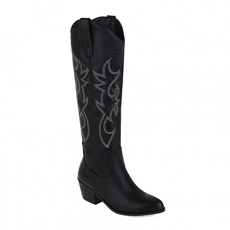 Women's Western Cowboy Embroidered High-Heel Boots – Chunky Heel Slip-On