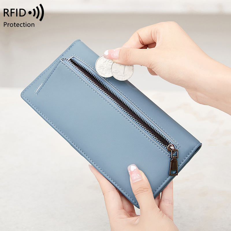 RFID Anti-Theft Wallet PU Leather Zipper Bifold with Multiple Card Slots