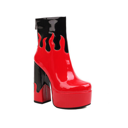 Women's Patent Leather Colorblock Ankle Boots | Chunky Heel Zipper Boots