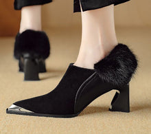 Load image into Gallery viewer, Women's Retro Pointed-Toe Chunky Heel Suede Boots with Side Zipper | Black &amp; Brown